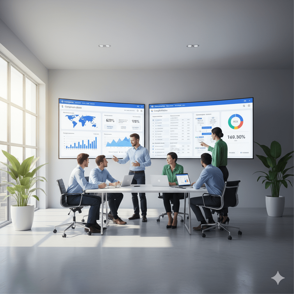 Google Ads Management team analyzing campaign performance, ROI metrics, and advertising dashboards in a corporate office
