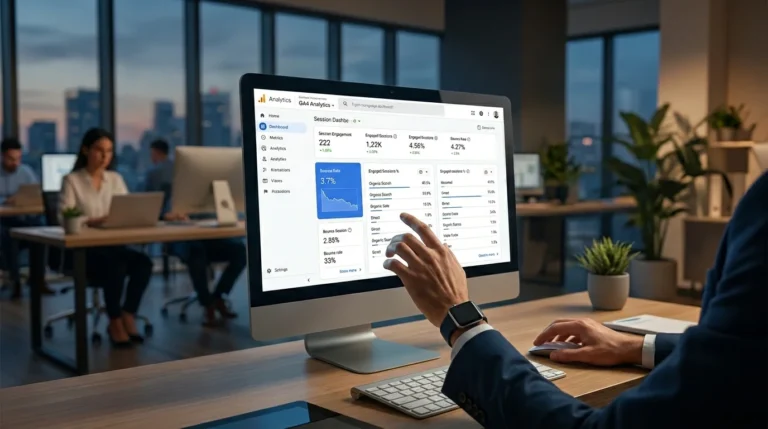 GA4 analytics dashboard on desktop showing bounce rate and user engagement metrics in a modern office
