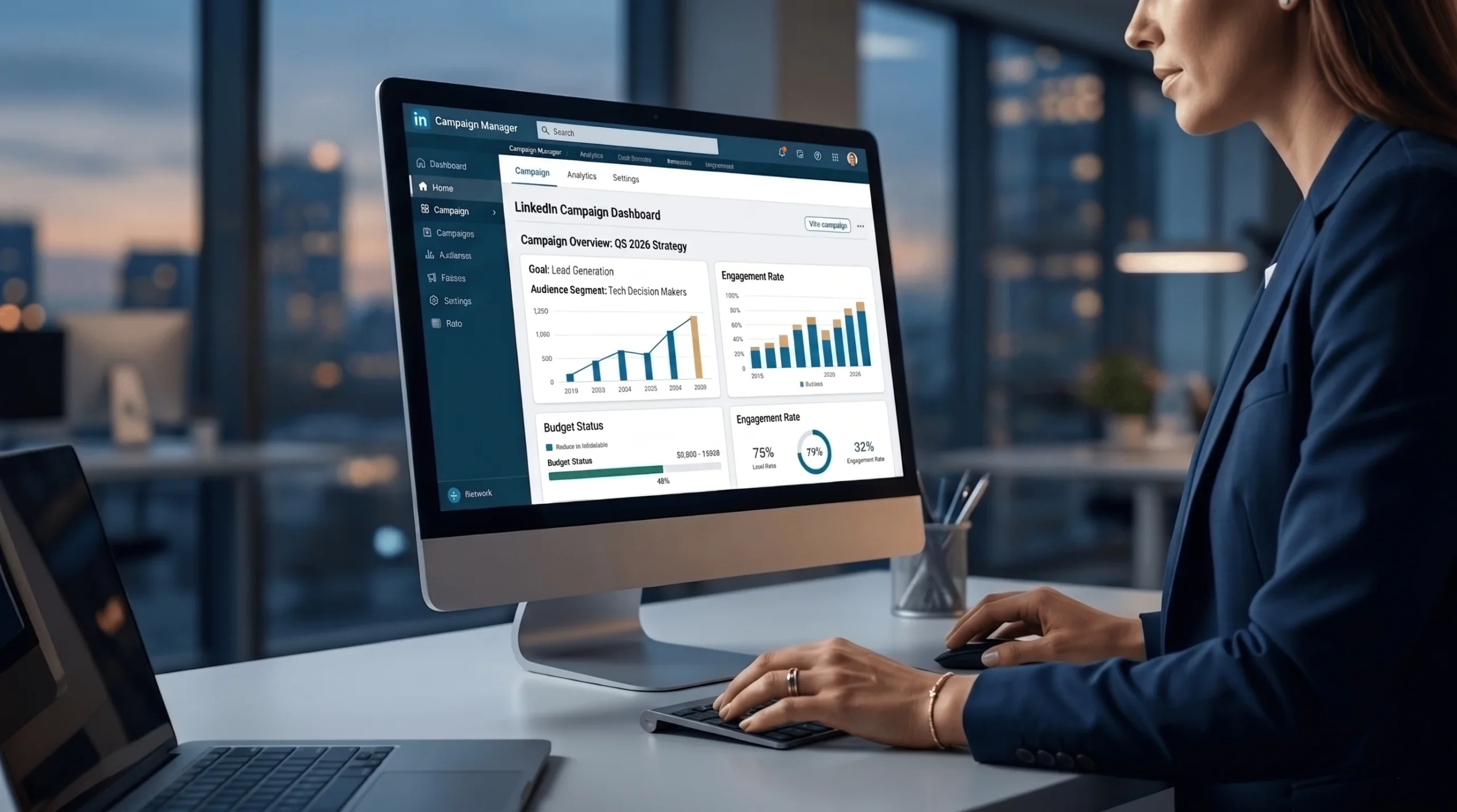Professional using LinkedIn campaign dashboard for B2B lead generation and AI-driven marketing analytics