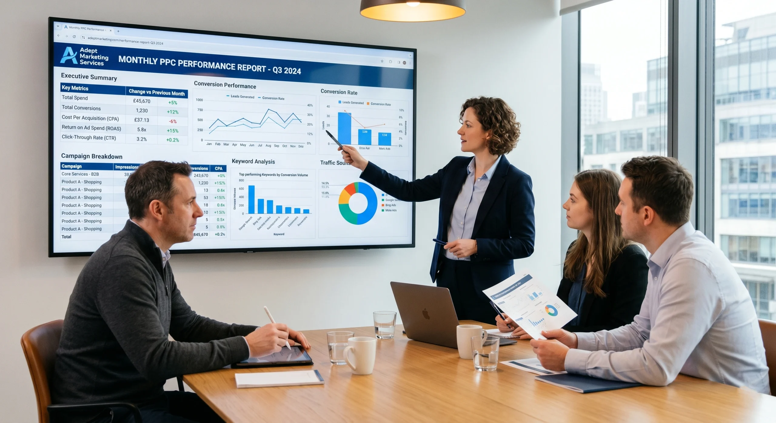 PPC Services Reporting dashboard presentation showing campaign performance metrics, conversions, and ROI analysis in a business meeting