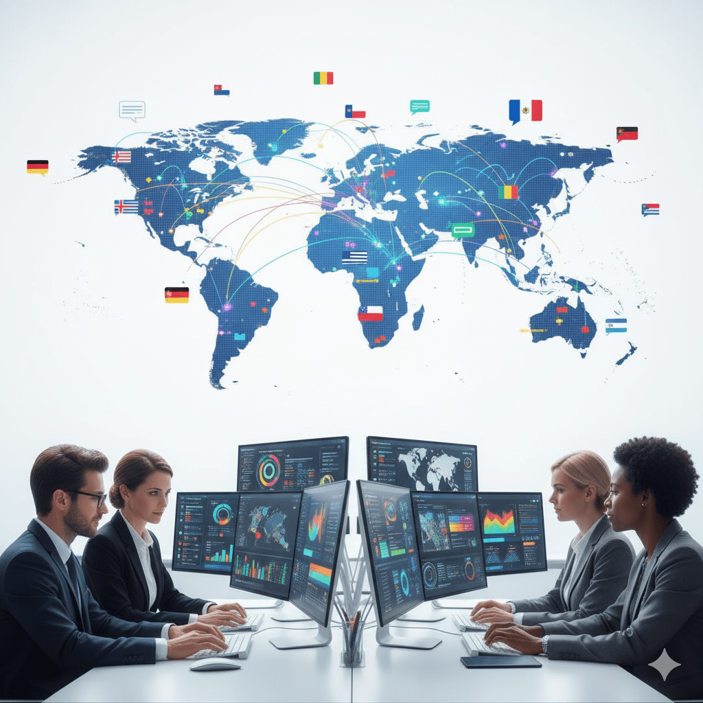 Multilingual SEO strategy with global map, multiple languages targeting, and international search optimization analytics