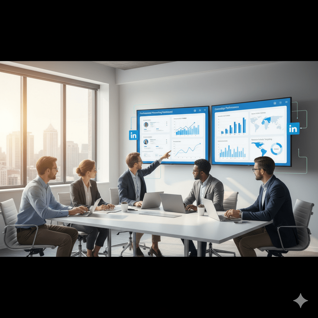 LinkedIn Ads for B2B team analyzing campaign performance, lead generation data, and professional audience targeting dashboards