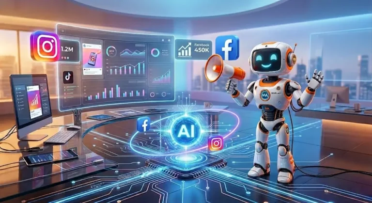 Pomelli AI platform showing AI robot managing social media marketing dashboard with Instagram, Facebook, and TikTok analytics