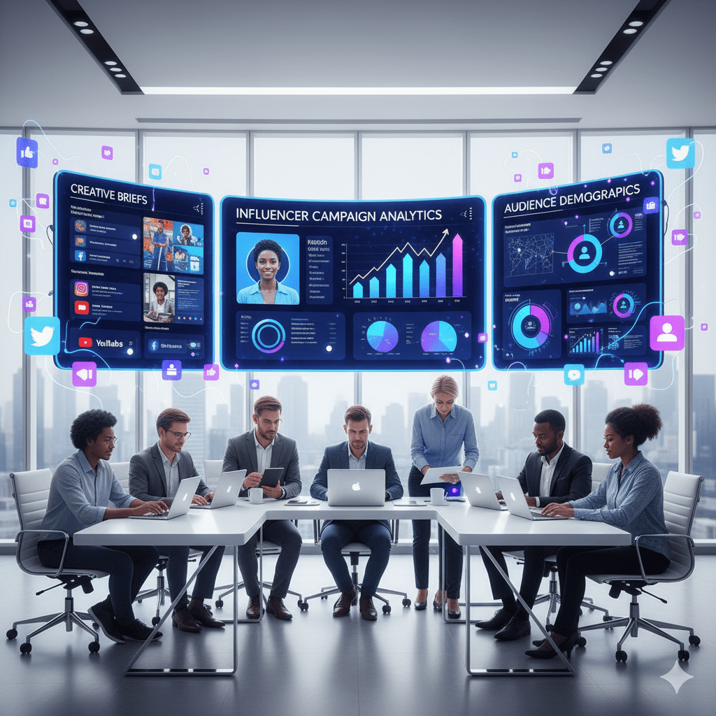 Influencer Marketing Services team analyzing campaign performance, audience insights, and influencer analytics on digital dashboards