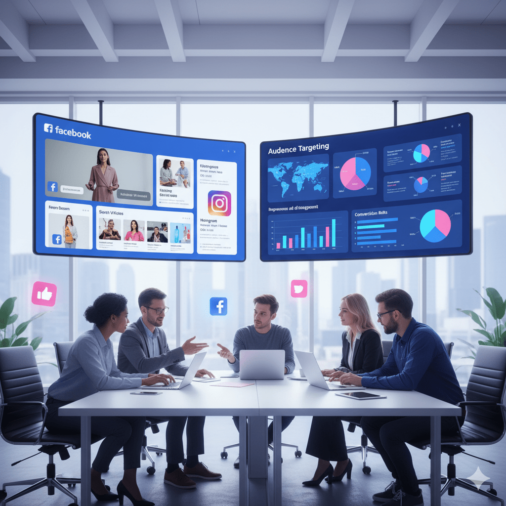 Facebook & Instagram Ads team analyzing ad performance, audience targeting, and campaign insights on social media dashboards