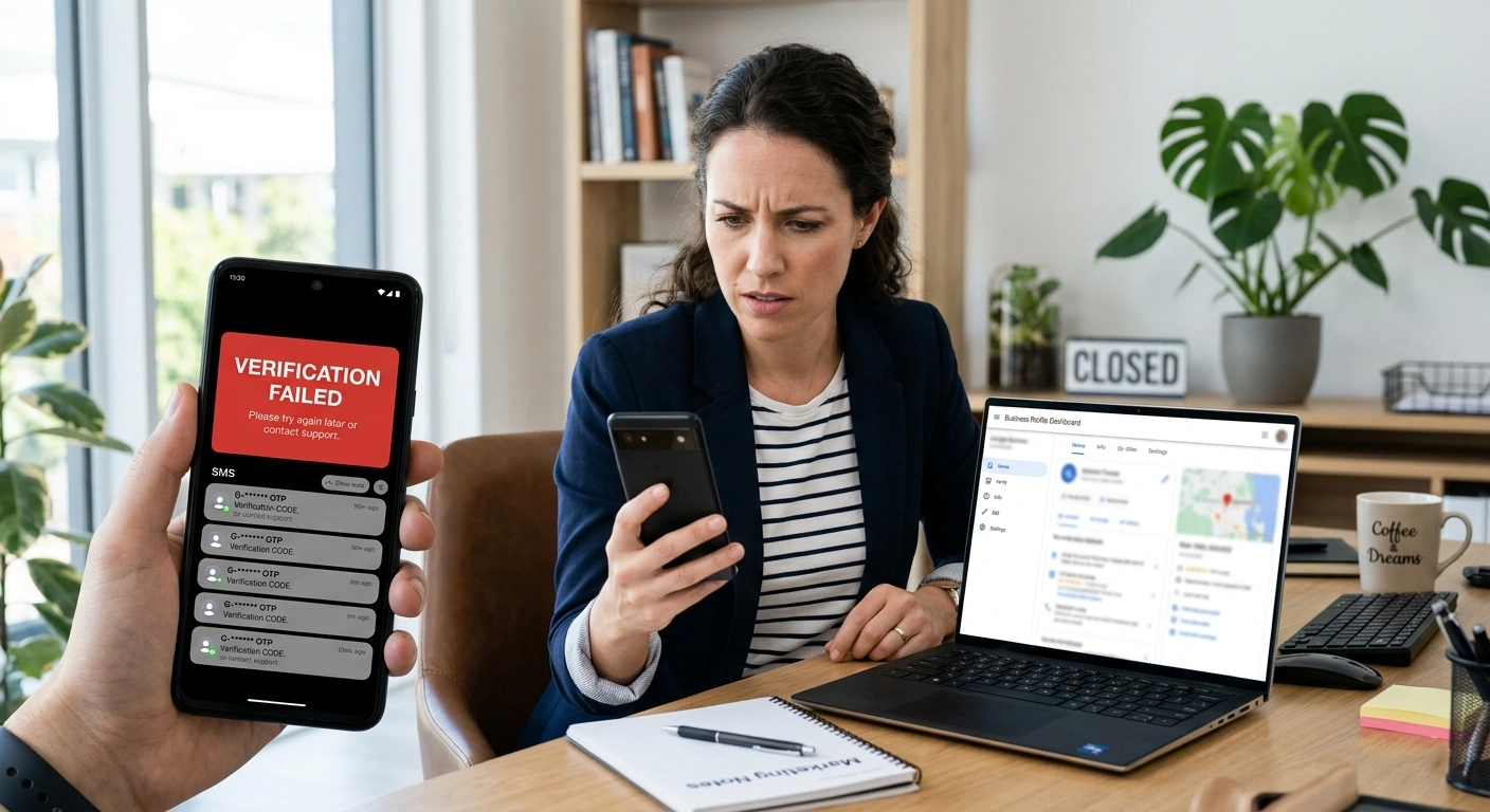 Woman checking smartphone showing verification failed message while managing Google My Business account on laptop