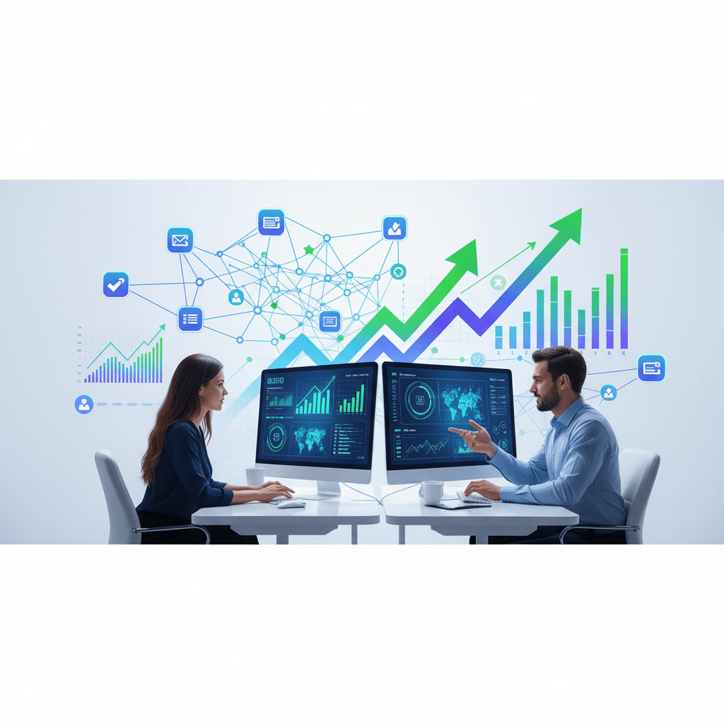 Link Building Services strategy with SEO analytics dashboards, backlink network connections, and website growth performance