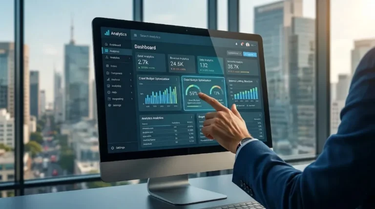 Technical SEO dashboard showing analytics, crawl budget optimization, and site performance metrics on a desktop screen.