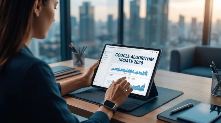 Woman analyzing Google algorithm update 2026 on tablet with SEO, AI, ROI and UX metrics dashboard