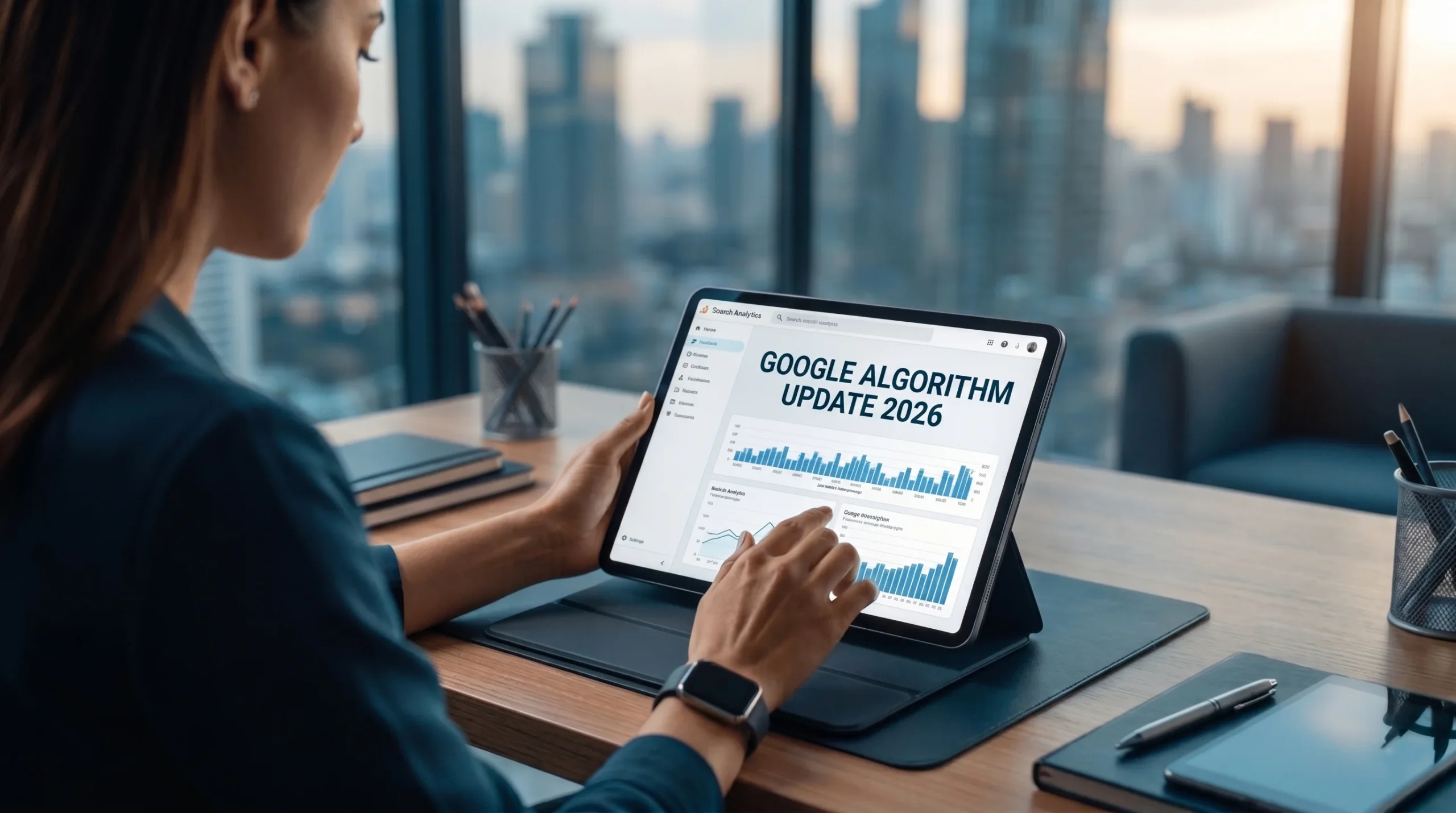 Woman analyzing Google algorithm update 2026 on tablet with SEO, AI, ROI and UX metrics dashboard