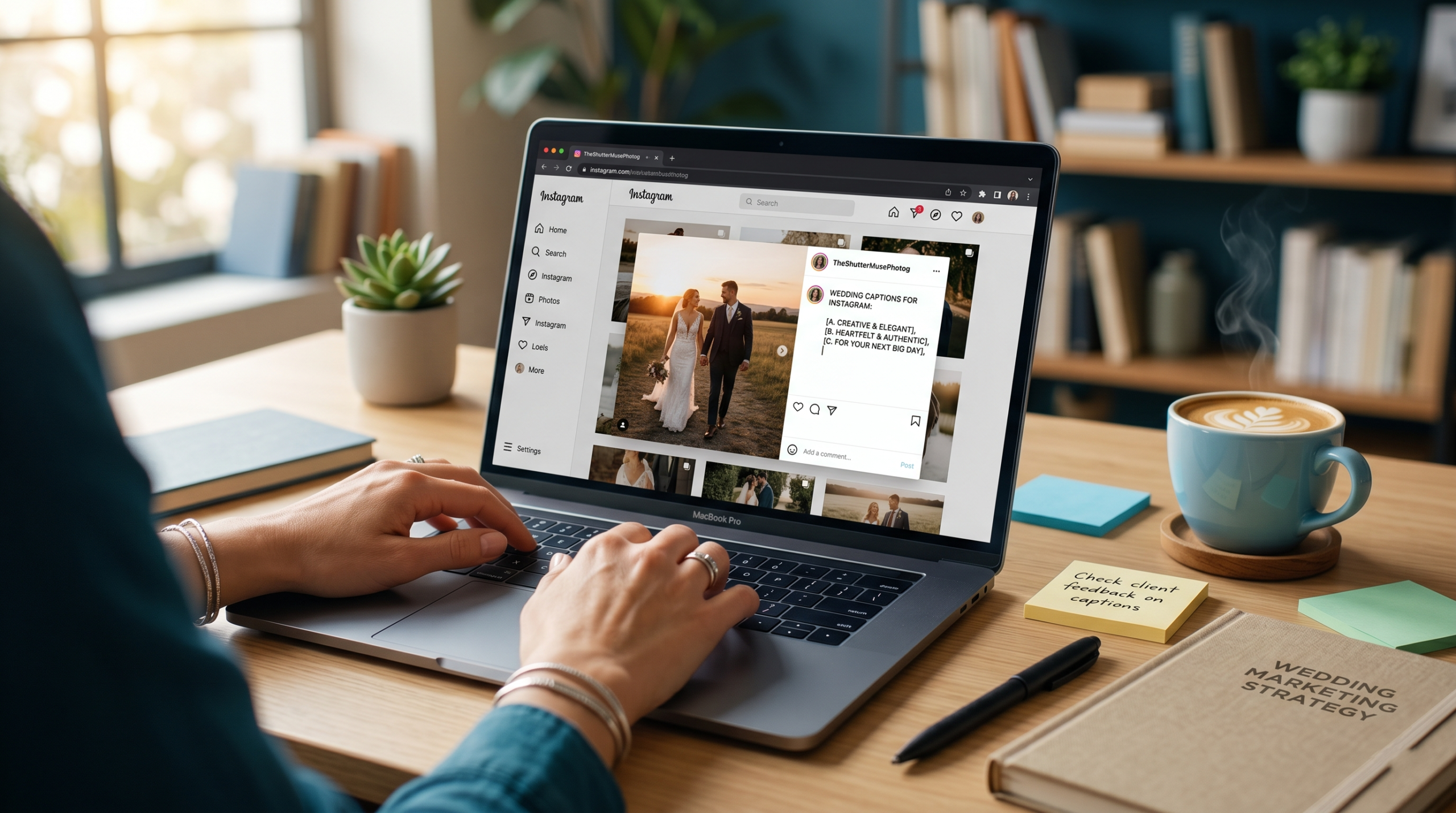 Person writing wedding captions for Instagram on a laptop showing a couple’s wedding photo, with coffee and wedding marketing notes on desk