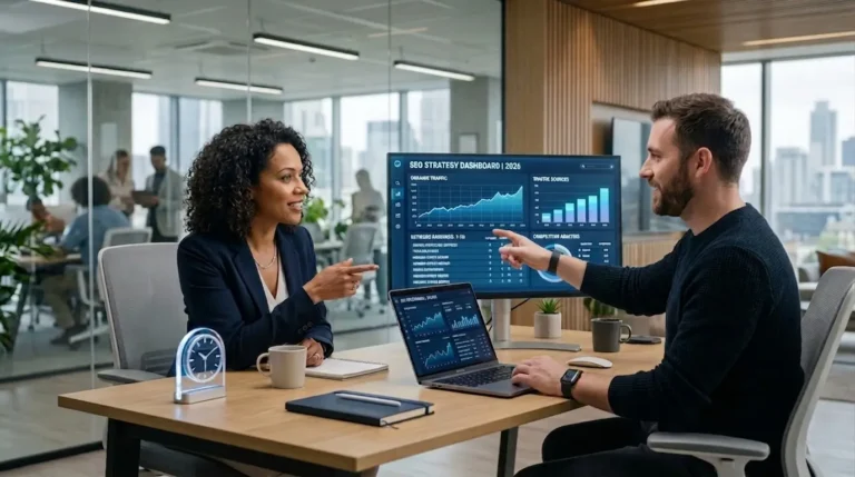 Hiring an SEO Agency in 2026 meeting with professionals analyzing SEO strategy dashboard and performance data in modern office