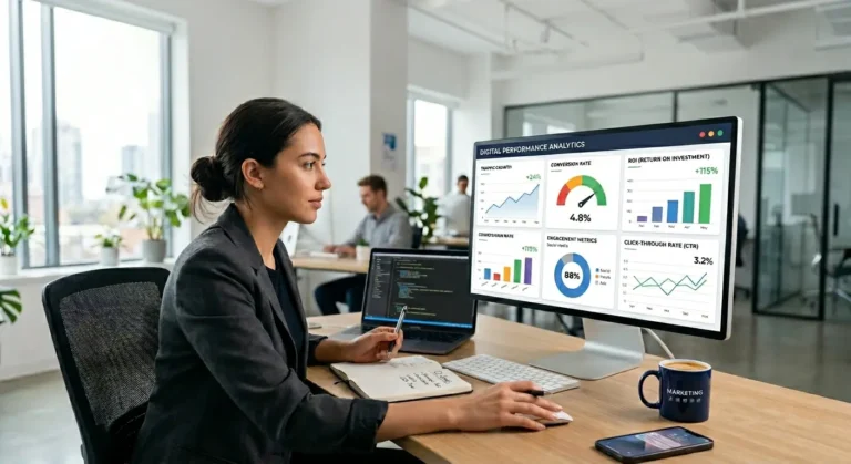 Professional analyzing digital marketing metrics on computer dashboard showing ROI, conversion rate, and engagement data