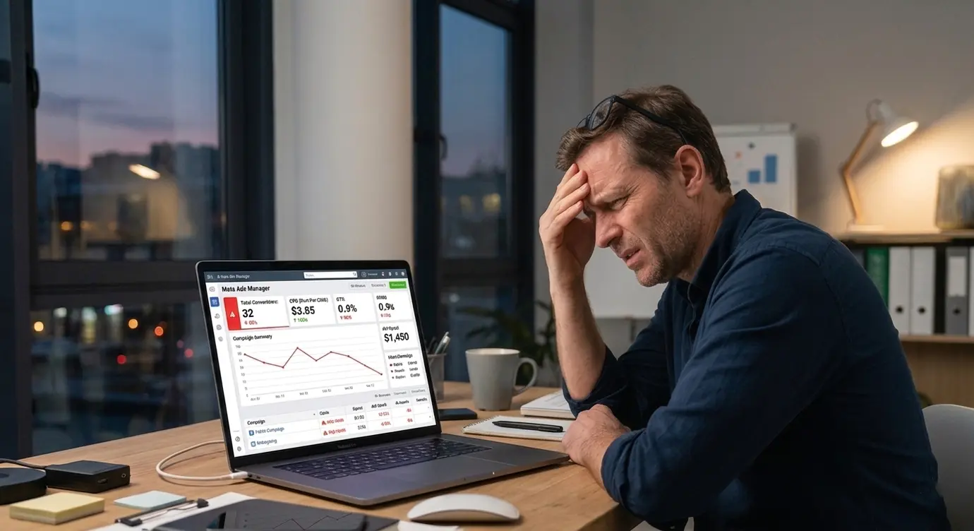 Man looking stressed while analyzing poor meta ads performance on a laptop dashboard