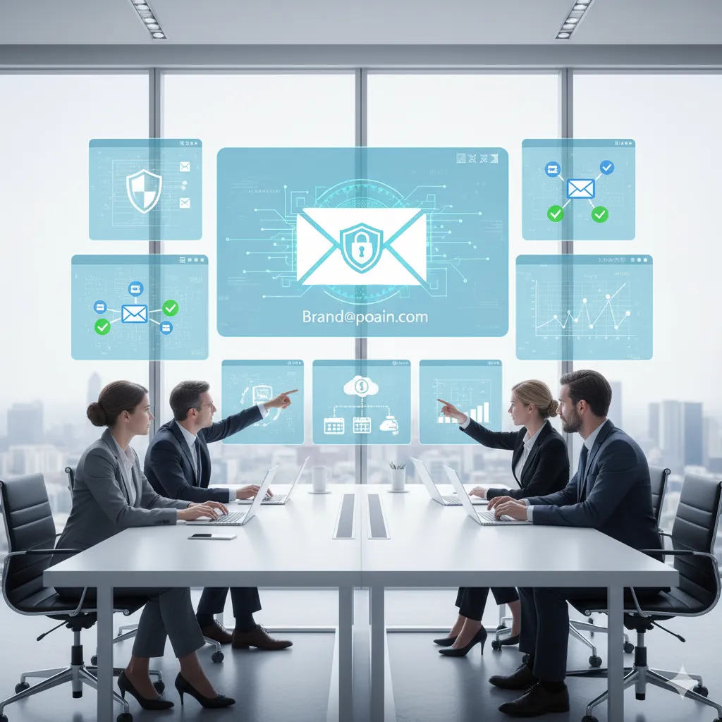 Business Email Solutions team managing secure email communication, hosting, and professional email services on digital dashboards