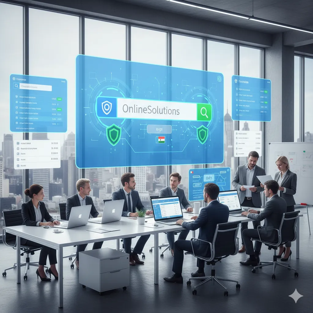 Domain Name Registration team managing domain search, availability, and website hosting setup on digital dashboards
