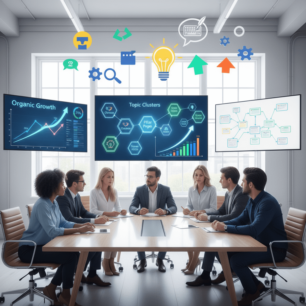 Content Marketing for SEO strategy showing topic clusters, content planning, and organic growth analytics dashboards