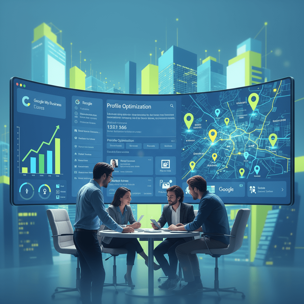 GMB Marketing Services team optimizing Google My Business profile and analyzing local search performance on digital dashboard