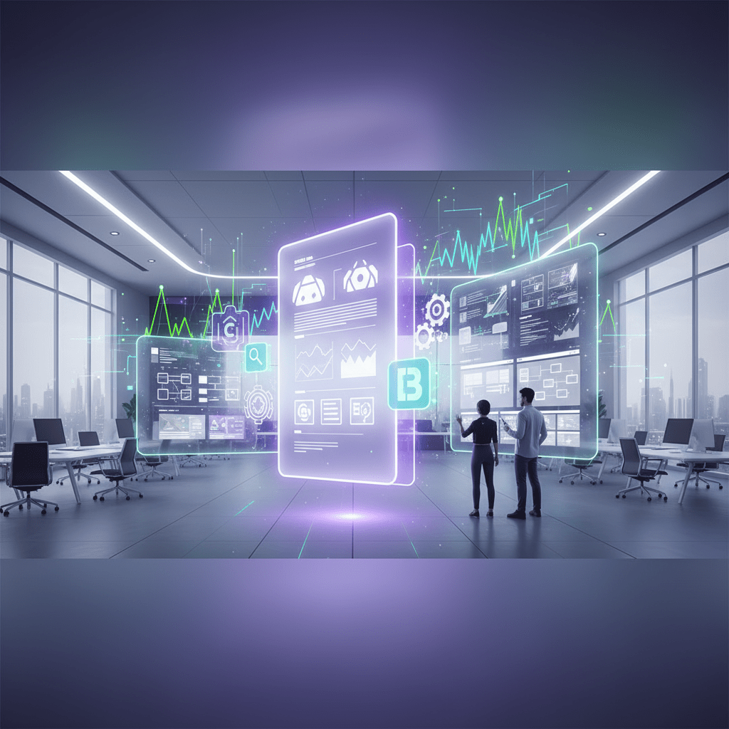 Technical SEO Audit dashboard with digital analytics screens, performance graphs, and website optimization data