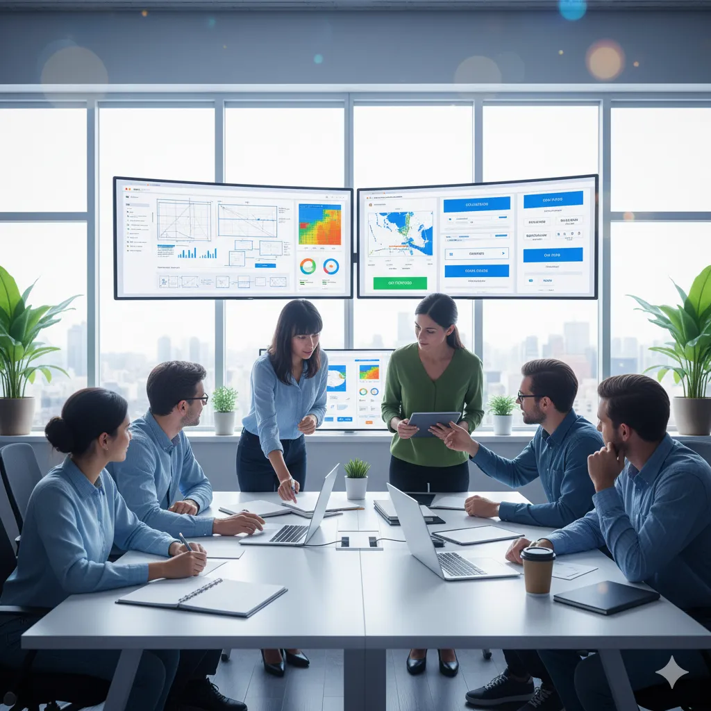 Landing Page Design team creating and analyzing website layouts, UI elements, and conversion-focused design dashboards