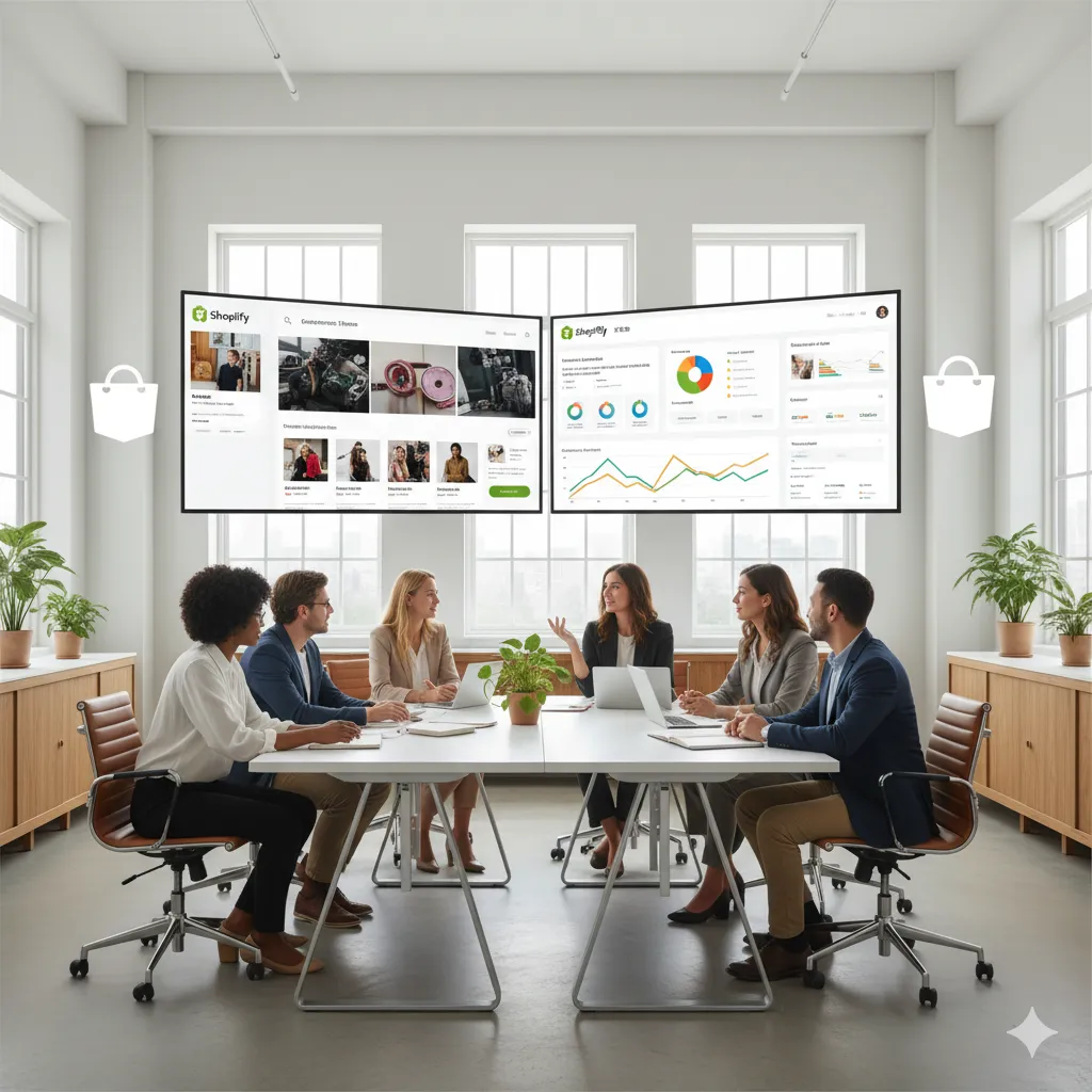 Shopify Store Development team creating eCommerce website design and analyzing store performance dashboards