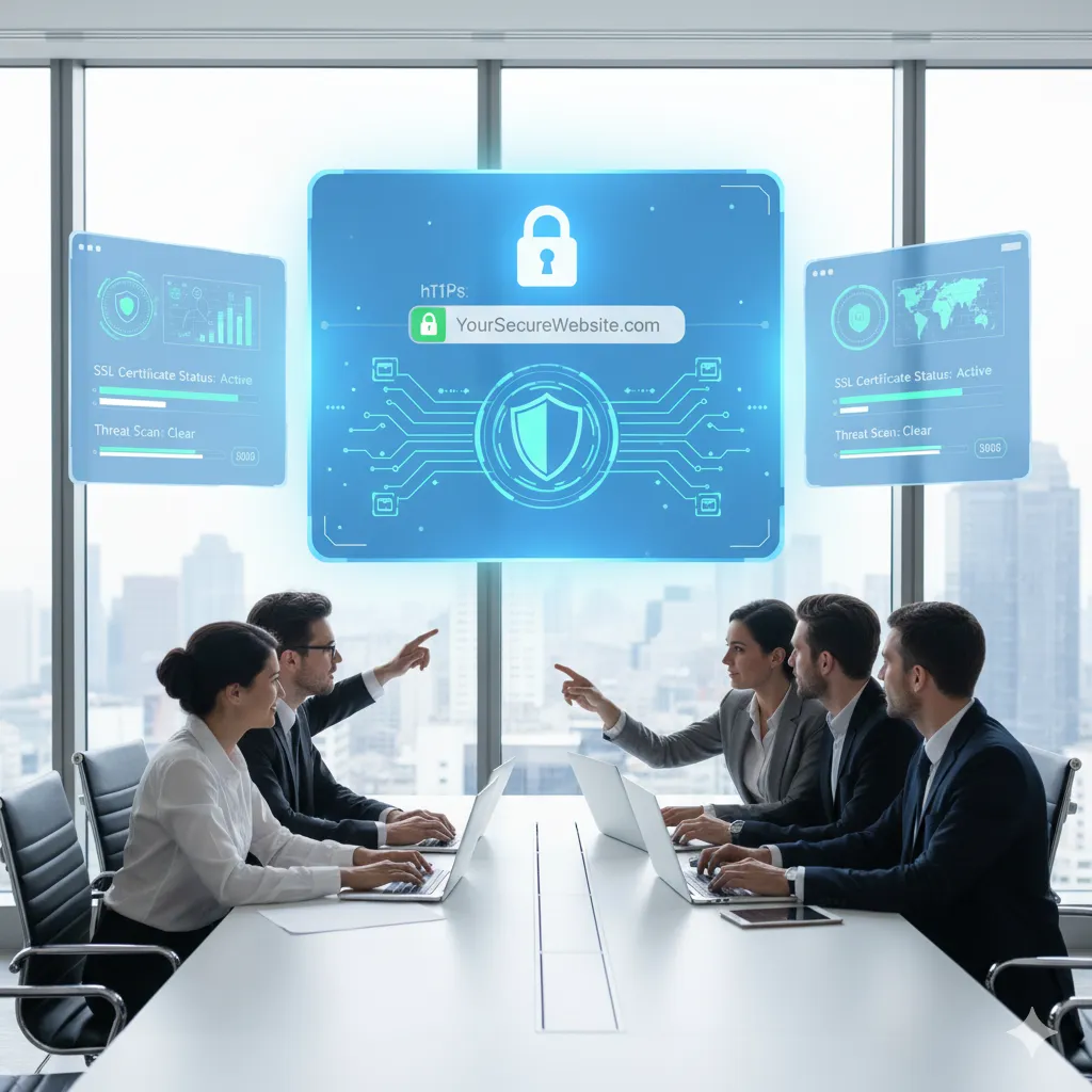 SSL Certificates team securing website with HTTPS encryption and monitoring security status on digital dashboards