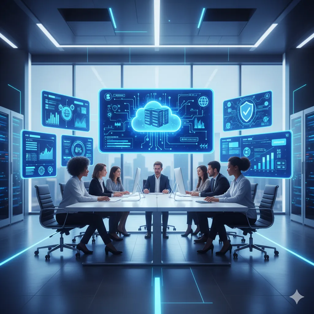 Web Hosting team managing cloud servers, website performance, and secure hosting infrastructure on digital dashboards