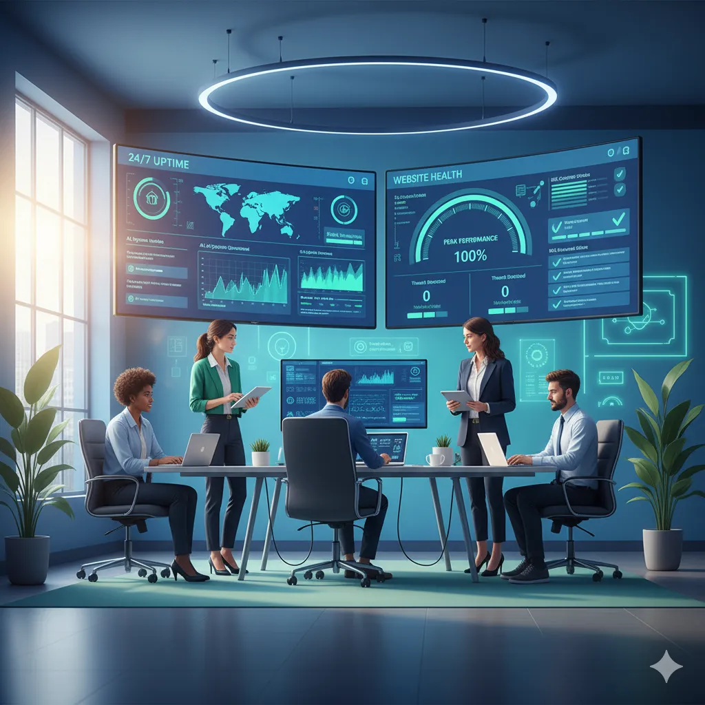 Website Maintenance Services team monitoring website performance, uptime, and security dashboards in a modern office