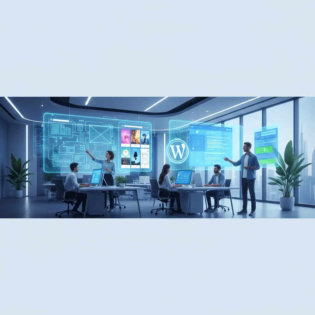 WordPress Website Development team designing and managing website dashboards and development workflows in a modern office