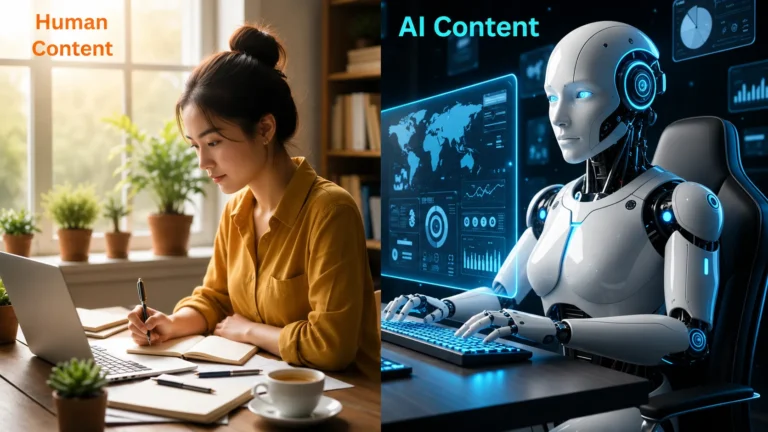 Human vs AI content comparison in split image