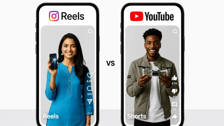 Reels vs Shorts comparison showing two creators demonstrating platforms for brand marketing 2025