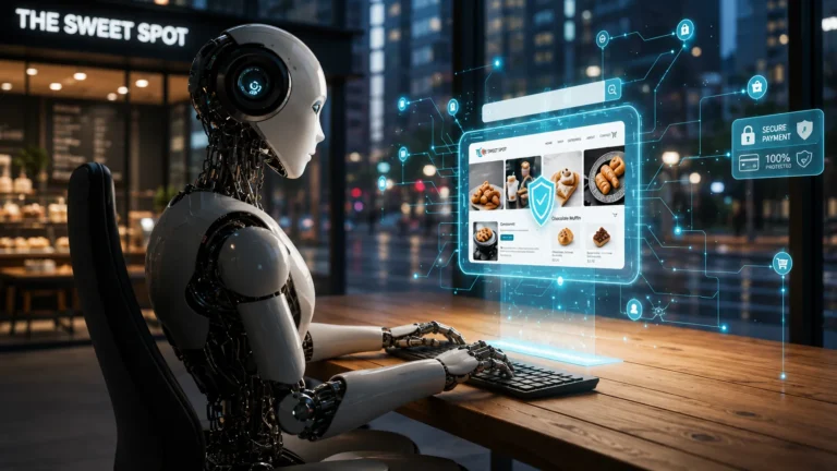 AI robot working on a Local Business Website interface in a modern workspace