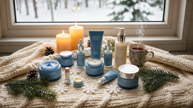Skincare product marketing display featuring winter-themed creams, serums, candles, and cozy decor