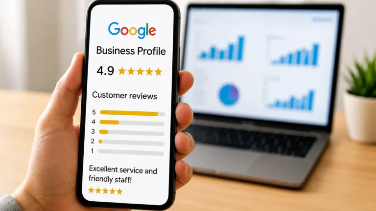 Smartphone displaying Google Business Profile ratings used to increase Google reviews.