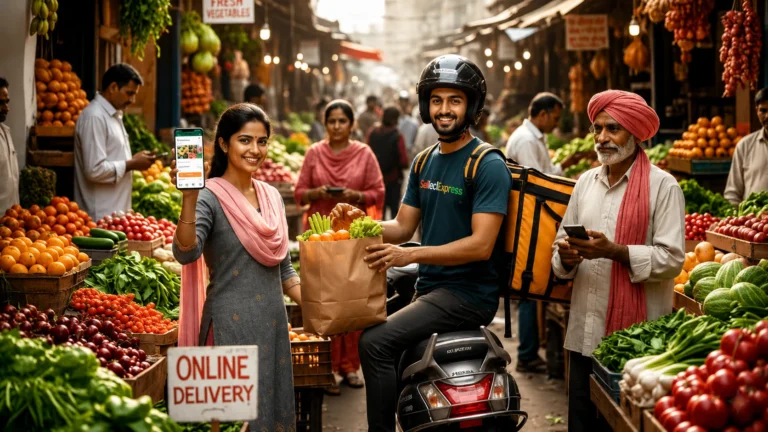 Local vendors selling fresh produce as delivery rider hands groceries to smiling customer.