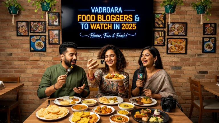 Food bloggers enjoying a spread of Indian dishes while creating content together in a restaurant setting.