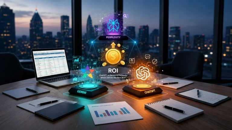 AI assistant platforms comparing ROI with ChatGPT, Gemini, and Perplexity in office setting.