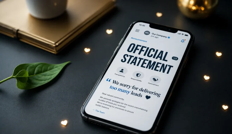 Smartphone screen displaying an official apology statement message on a dark desk with decor