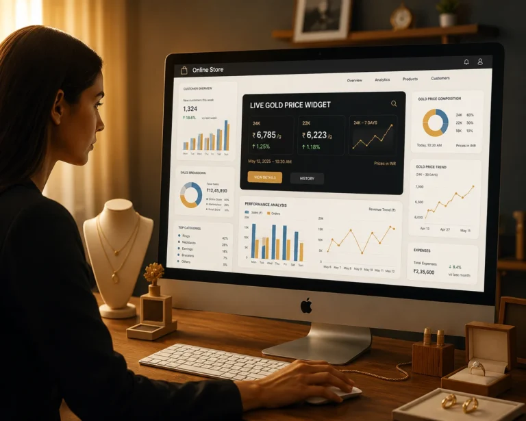 Woman analyzing jewellery website SEO performance on desktop with live analytics dashboard