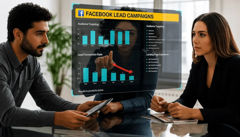 Digital marketers analyzing Facebook Lead Campaigns performance and lead conversion metrics.