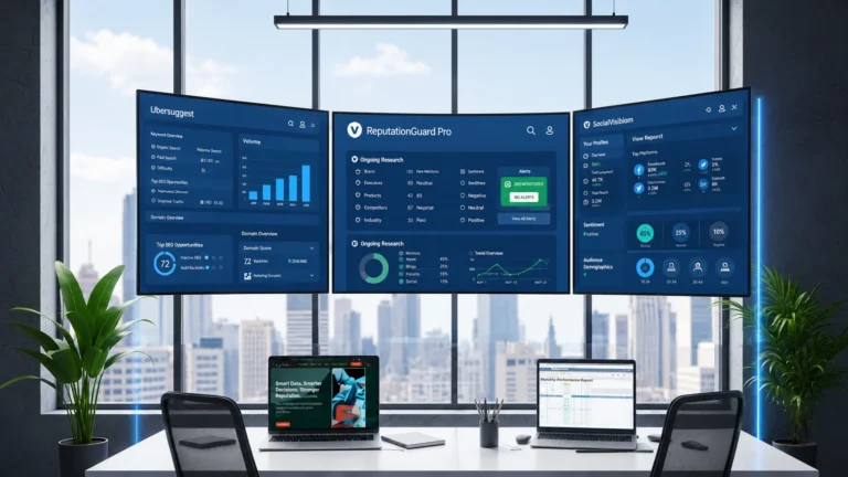 Modern office workspace with reputation management dashboard and analytics tools on multiple screens