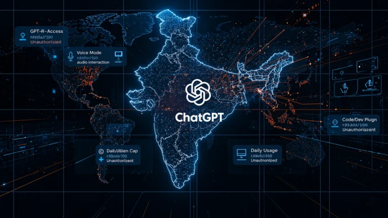ChatGPT Free AI tool India map showcasing AI technology and digital innovation by OpenAI.