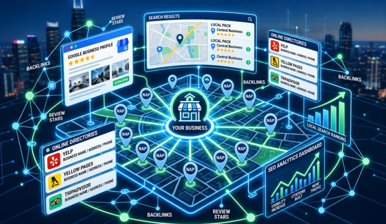Illustration showing local citations in SEO with Google Business Profile, online directories, NAP listings, maps, backlinks, and local search ranking growth for businesses.
