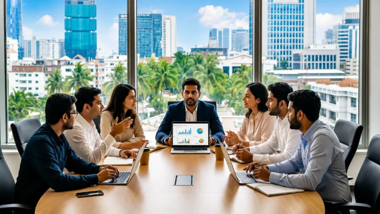 Business team meeting discussing client retention strategies using data charts on laptops