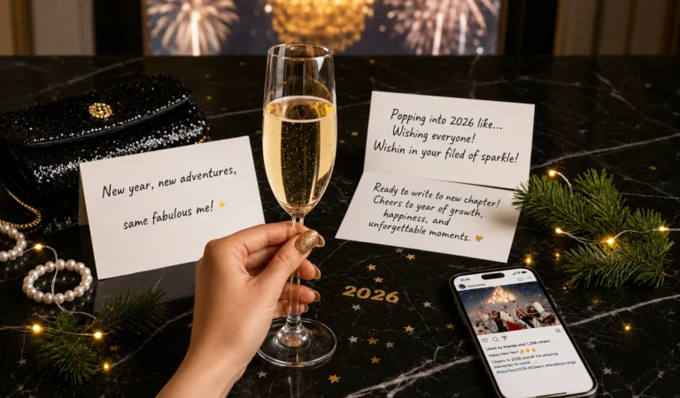 Elegant New Year setup featuring champagne, décor, and cards with new year captions