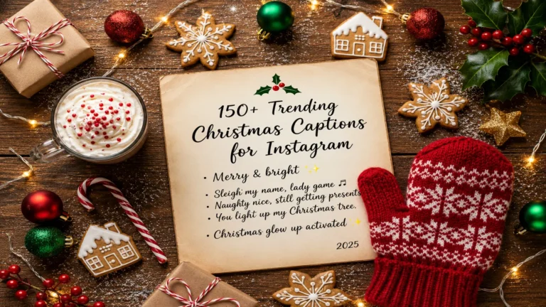Festive holiday flatlay featuring paper with trending Christmas captions and decorations