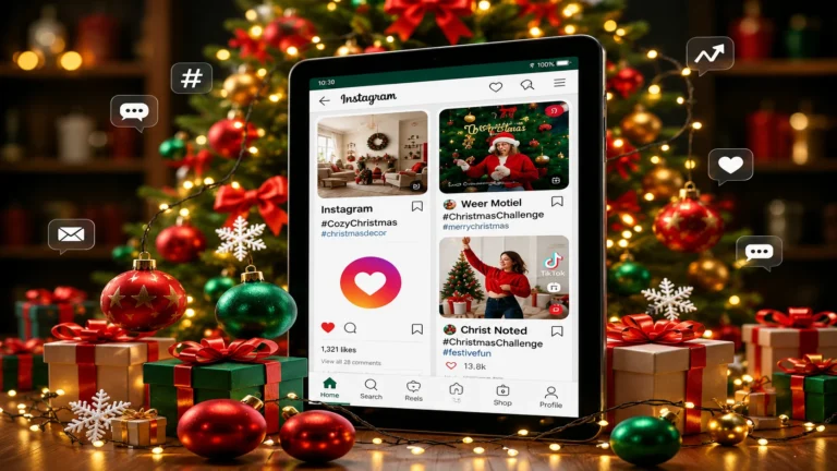 Tablet showing social posts with popular Christmas hashtags surrounded by festive decorations