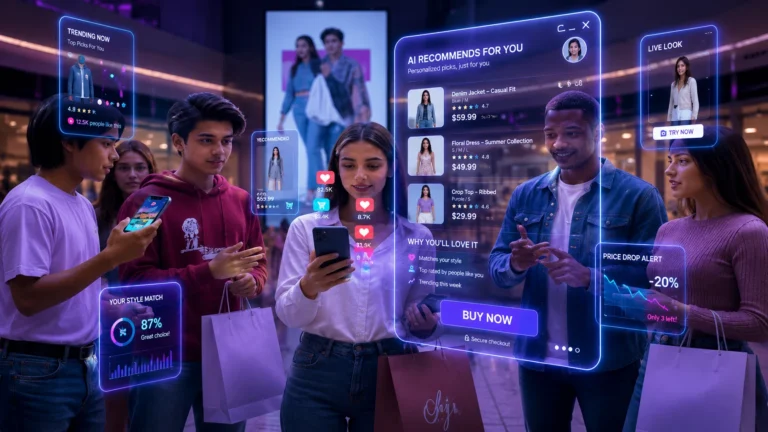 Gen Z shopping trends with young consumers using smartphones and augmented reality for digital shopping in a modern mall