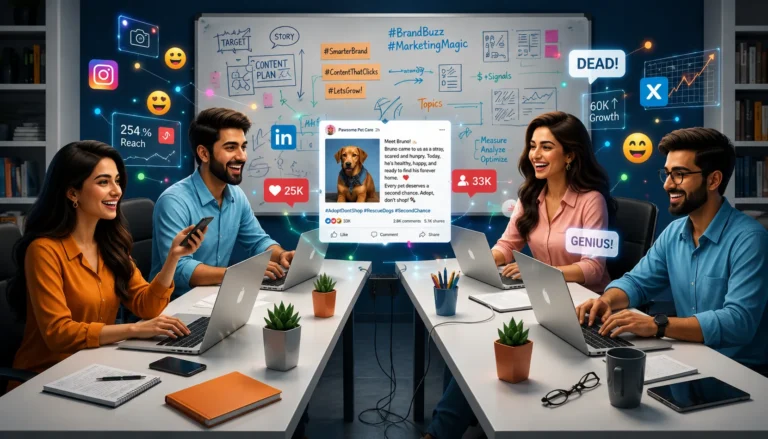 A team of marketers collaborating on meme marketing strategy using laptops, surrounded by social media icons and viral content ideas on a whiteboard.
