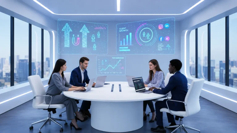 digital marketing agency team meeting in modern office with holographic growth charts